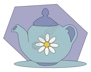 尾喷口蓝色茶壶的肖像装饰着花朵的蓝色茶壶配有手柄盖和螺纹看上去很漂亮的矢量彩色图画或插插画