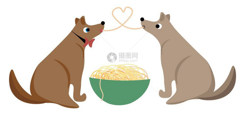 两只狗从同一个大碗里吃饭时分享意大利面彼此相爱矢量颜色绘画或插图图片