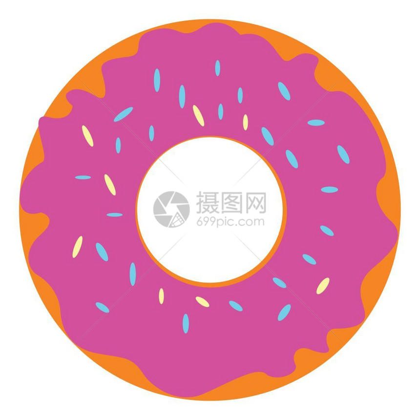 一个大棕色甜圈上面有粉红霜和多彩的喷洒是美味甜的矢量彩色图画或插图片