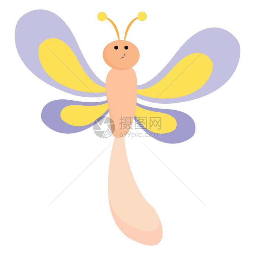 有棕色形体的食道蓝色和黄的两根天线翅膀都在微笑的矢量颜色图画或插图片