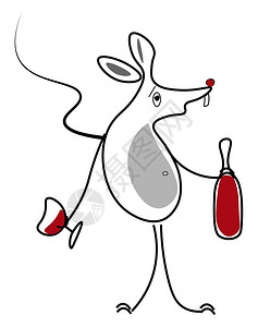 装满酒精饮料矢量彩色图画或插的酒鬼大白鼠拿着一瓶红酒和玻璃器械图片
