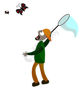 卡通捕捉蝴蝶的男人矢量插图图片