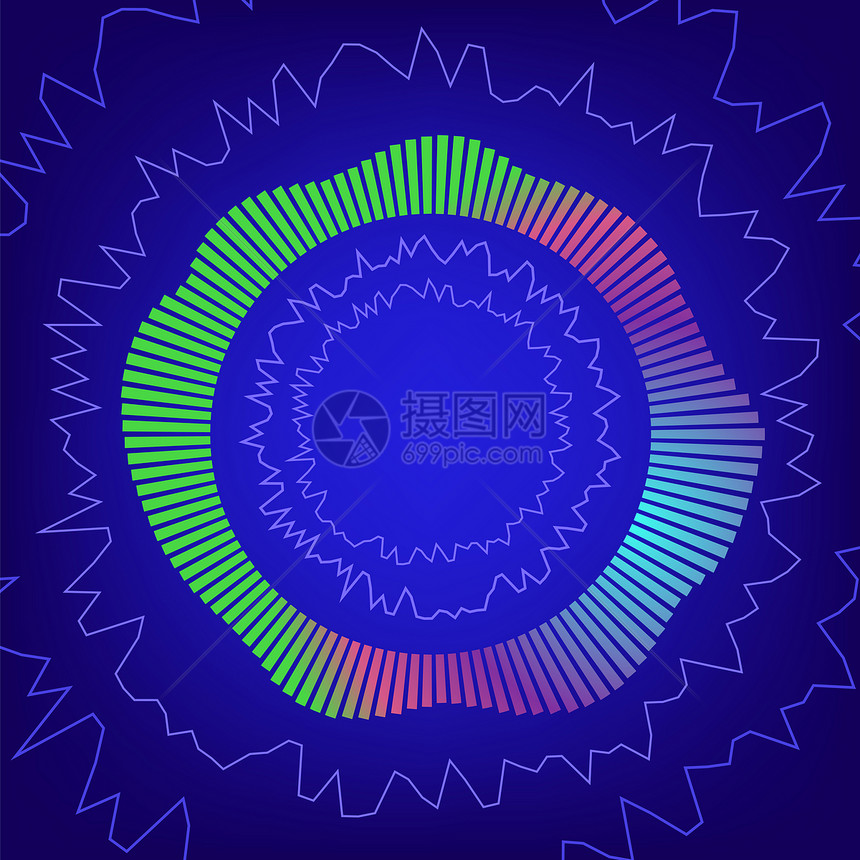 声波圆平衡器音频数字技术脉动音乐图标蓝色背景的有光亮子技术浪潮概念有色光亮技术浪潮概念图片