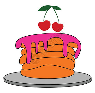 烙饼橙色五层煎饼上面有紫色奶油上面有两块苹果盘子矢量彩色画或插图上放有叶子插画