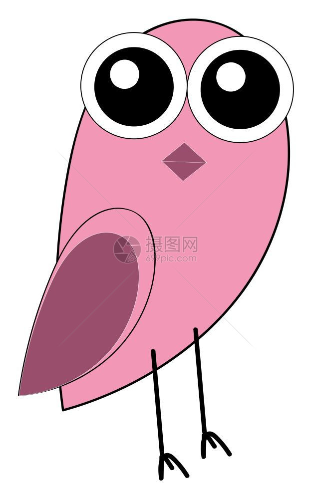 有两只大眼睛和紫羽毛的粉红鸟矢量彩色画或插图图片