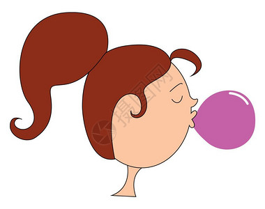 女孩嚼泡糖从口腔向量彩色画或插图中吹出泡图片