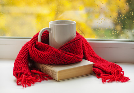 秋天生命温暖的围巾和茶杯靠近窗户复制空间高清图片