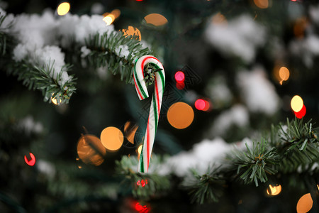 挂在人造圣诞树上的糖果甘蔗装饰品灯光照亮背景雪图片