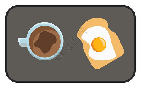 烤面包早晨一个黑色托盘提供一杯咖啡片烤面包和阳光明媚的一面鸡蛋在包矢量彩色图画或插上插画
