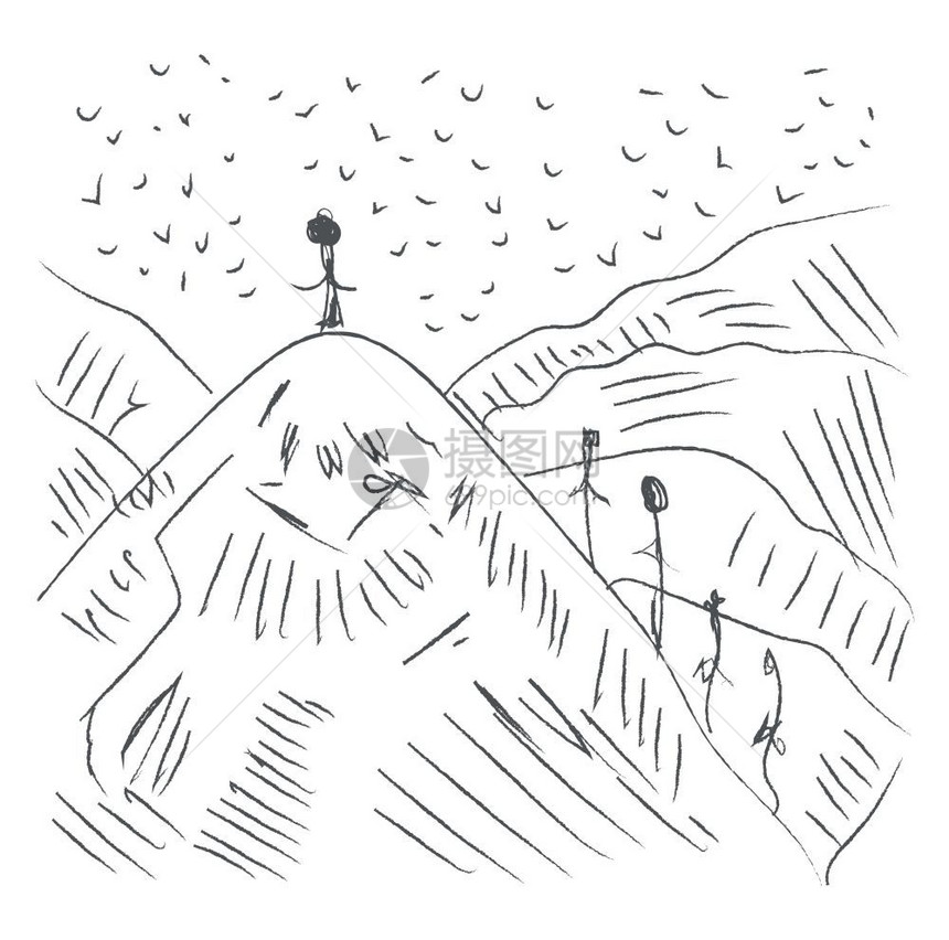 山地的铅笔绘画有很多鸟和人站在山上矢量彩色绘画或插图图片