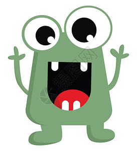 鼓起一只绿色的怪物四颗牙齿和只大眼睛在笑矢量彩色绘画或插图时举起手来插画