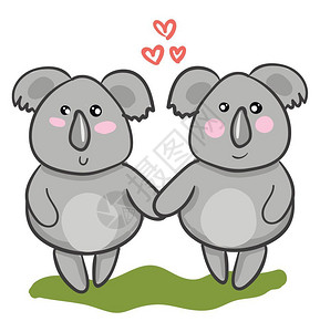 两起卡通漫画Koalas手牵站在绿色草原上象征着爱矢量彩色绘画或插图图片