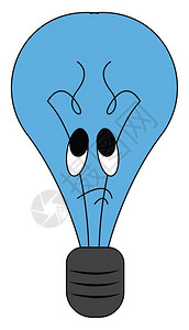 一个悲惨的蓝色卡通灯泡表达悲伤黑色的触电线缠绕在一端矢量彩色图画或插上背景图片