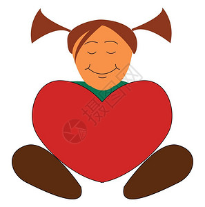 一个小女孩拿着红色的大心脏闭着眼睛大笑脸朝玫瑰颊张开而她穿着绿衣两匹马尾巴画彩或插图背景图片