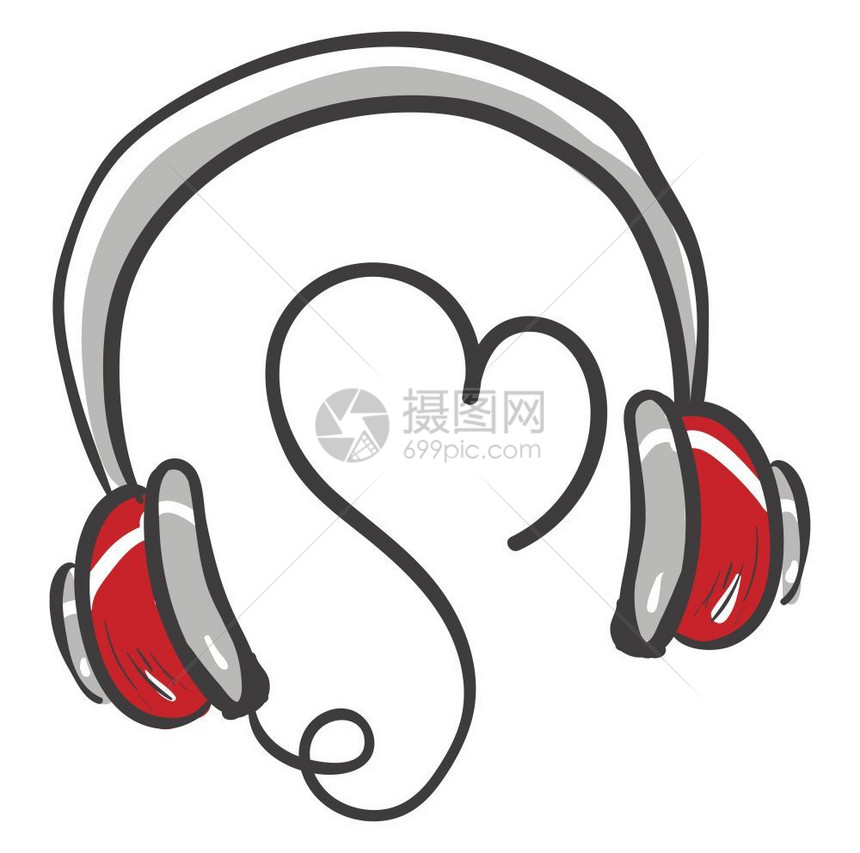 爱的音乐耳机有心形的线条缠绕在一起用可爱的灰色和红混合矢量彩图画或插图片