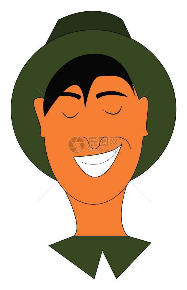 穿着绿色帽子和衬衫的男人笑着而他的眼睛闭着矢量彩色绘画或插图图片