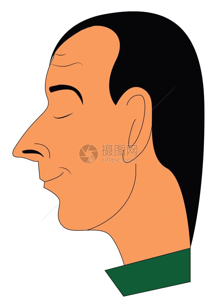 穿绿色服装的男人鼻子尖大耳朵闭上眼睛矢量彩色画或插图图片