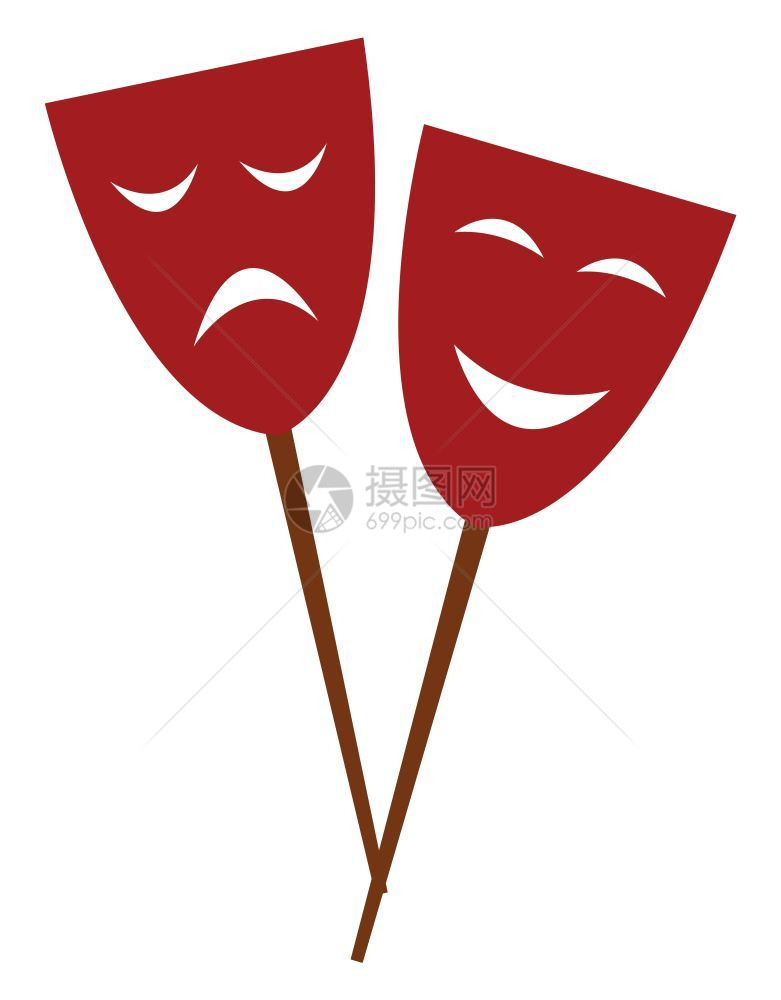 两个红色嘉年华狂欢派对的面罩夹在一根带快乐和悲伤表达式矢量颜色图或插的棍子上图片