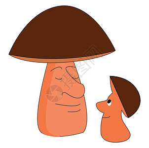 棕桐叶可爱的爸和儿子蘑菇微笑彼此面对的戴着深棕褐色的帽子干叶矢量彩图画或插插画