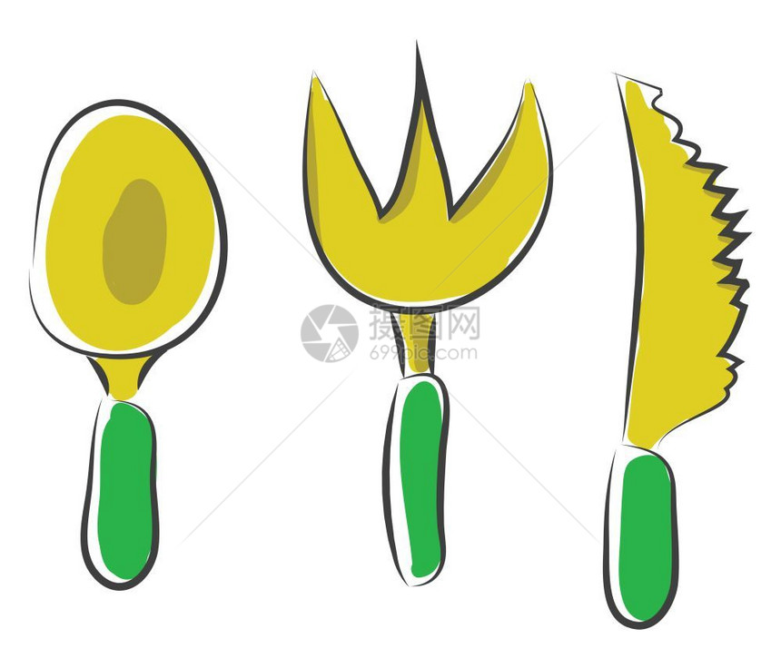 食用矢量彩色绘画或插图时使用的黄和绿色组合木箱诺亚勺刀和叉图片