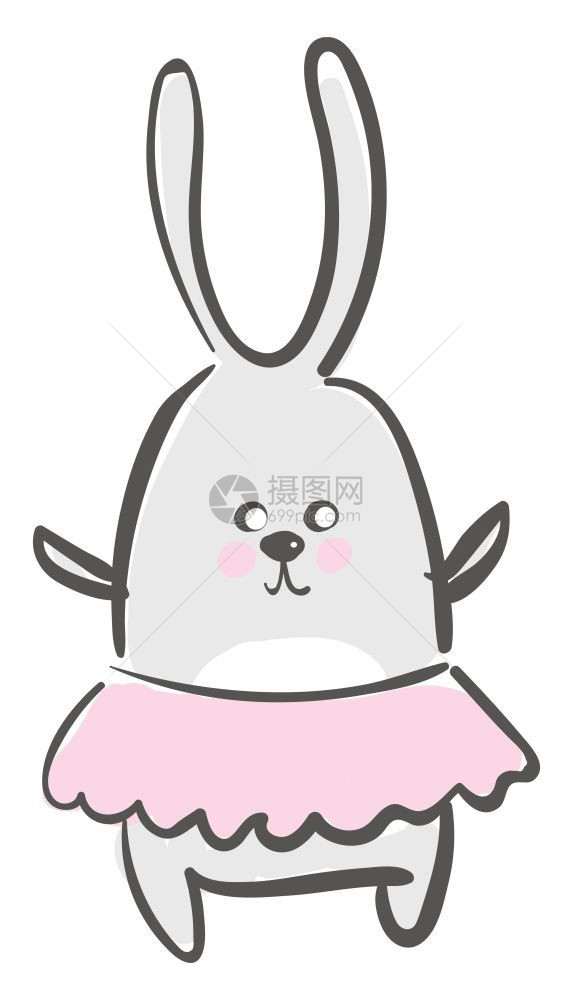 一只可爱的小兔子穿着粉红色裙子矢量彩画或插图图片
