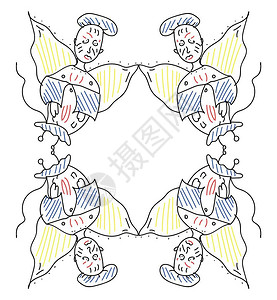 一个由四角度组成的漫画框其中两个角度在底部倒置身着蓝色和红衣服有黄翅膀和蓝帽子矢量彩图画或插背景图片