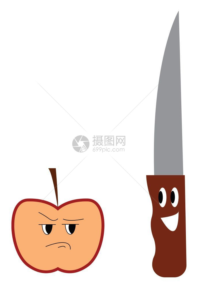 半切红苹果表达愤怒和一把表达幸福的刀彼此贴近矢量彩色绘画或插图图片