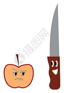 半切红苹果表达愤怒和一把表达幸福的刀彼此贴近矢量彩色绘画或插图图片