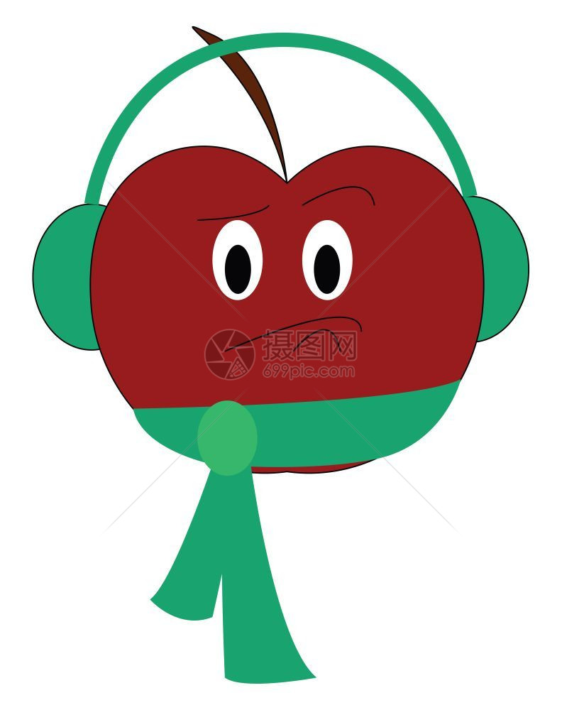 红色苹果上面有绿色彩耳机和带脸矢量彩色图画或插上有令人惊讶的表情图片