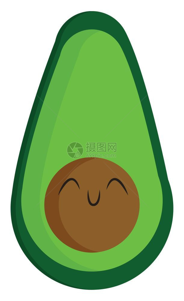 半切成熟的绿鳄梨中间有棕色种子在矢量彩色图画或插上面带笑脸图片