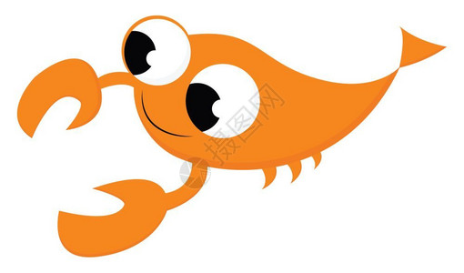 大眼睛有两只利爪和小触角的橙色龙虾在海中游泳有两只尖利爪和小触角矢量彩色图画或插插画