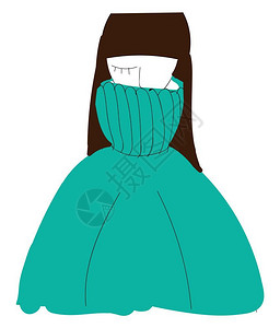 青头菌一个只闭着眼长直黑头发的女孩穿着一身绿色的青马球颈衣毛矢量彩色图画或插插画