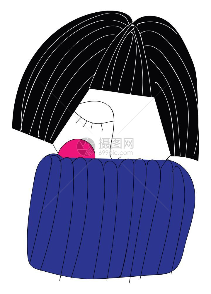 一张妇女长着头发的肖像一张粉红脸颊用蓝色的枕头部分遮盖了脸用黑色条纹矢量彩图画或插图片