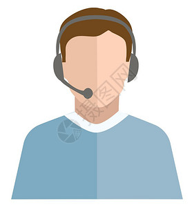 一个电话接线员带着穿蓝色衬衫的黑耳机准备使用传呼矢量彩色绘画或插图背景图片