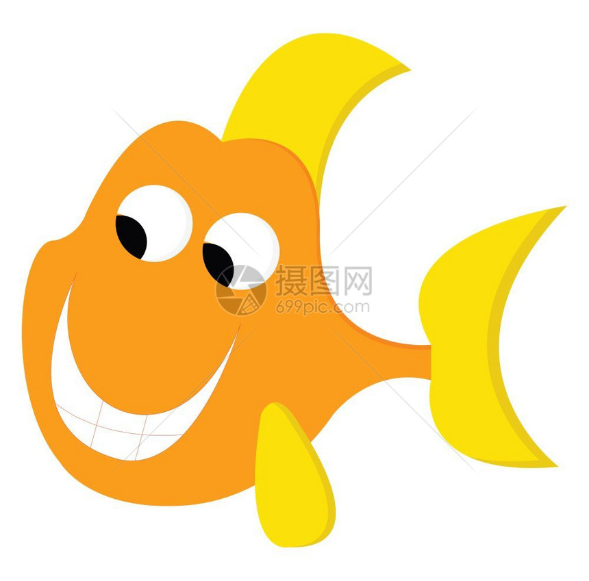 笑的卡通橙色和黄彩鱼眼睛向下看是快乐的矢量颜色图画或插图片