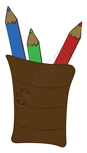 涂画一个棕色铅笔箱内有三支蓝色绿和红彩铅笔画或插图图片
