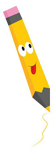 用舌头挂着的可爱黄色卡通铅笔其背矢量彩色图画或插附有粉色橡皮图片