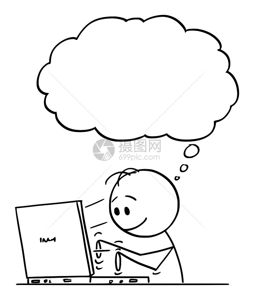 矢量卡通棒图绘制微笑作家男子或商人打字计算机工作的概念插图在他的上面空语音泡沫笑人或商打字计算机工作的矢量卡通图片