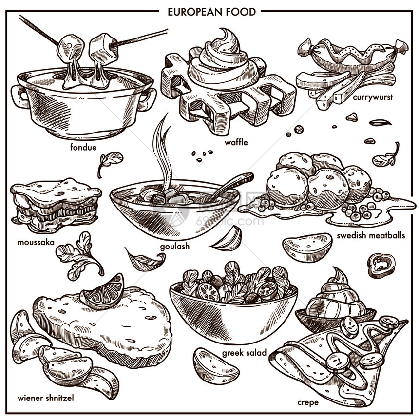 用于餐厅菜单模板的欧洲烹饪素描图标奶酪华夫饼甜点和咖哩卷香肠古拉什汤和摩萨卡酱wienerschnitzel和希腊沙拉欧洲烹饪食图片