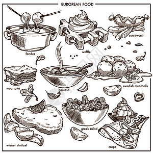 奥地利的用于餐厅菜单模板的欧洲烹饪素描图标奶酪华夫饼甜点和咖哩卷香肠古拉什汤和摩萨卡酱wienerschnitzel和希腊沙拉欧洲烹饪食插画