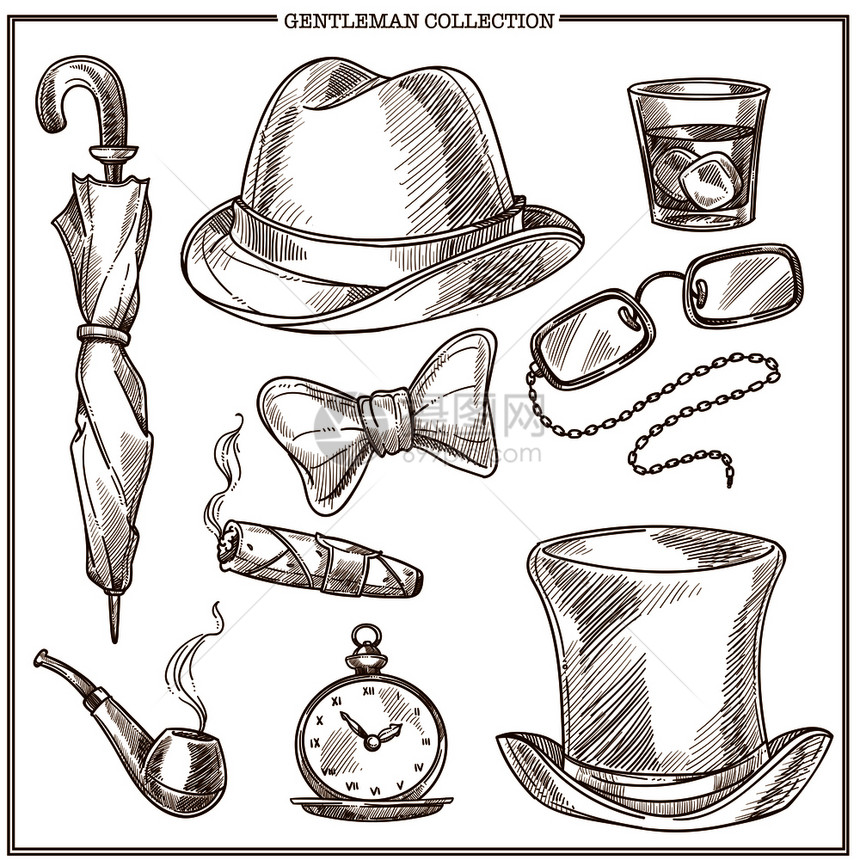 Gentleman服装和附件矢量草图标收藏一套孤立的男士经典俱乐部圆顶礼帽雨伞和弓领带威士忌玻璃和雪茄或抽烟管眼镜Gentlem图片
