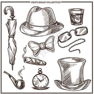 圆顶硬礼帽名人Gentleman服装和附件矢量草图标收藏一套孤立的男士经典俱乐部圆顶礼帽雨伞和弓领带威士忌玻璃和雪茄或抽烟管眼镜Gentlem插画