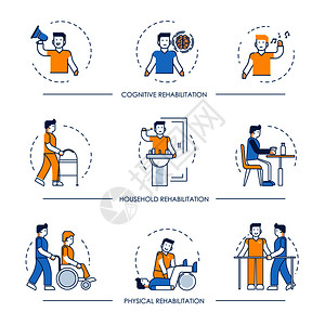 用于认知身体和住户康复医学治疗的图标人类和护士或医院生助理用于信息学的矢量线符号用于认知身体和住户康复医学治疗的病媒人体图标用于背景图片