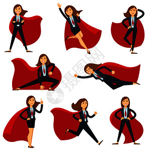 女英雄身着超级英雄服装斗篷和办公飞行跑步或强大的手举力几组商业妇女超级英雄服装斗篷和办公西的超级女或办公室经理插画