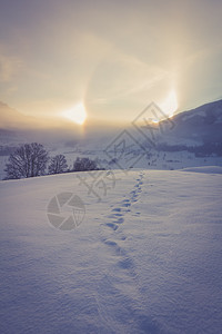 清晨冬季风景日出和光环现象高清图片
