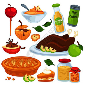 苹果粥苹果食品和饮料或甜点矢量苹果汁或酱和派烤火鸡加奶油和甜苹果以焦糖烤制成烹饪份固定的孤立图标苹果食品和饮料甜点插画