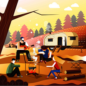 人们在森林野外冒险露营矢量插画图片