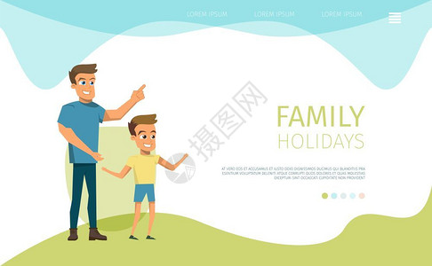 家庭节日快乐休闲平坦的矢量网络封条或落地页面与微笑的父亲和儿子一起微笑度过时光在Meadow插图上玩耍背景图片