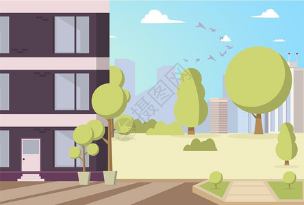 卡通大楼与公园树木矢量插画图片