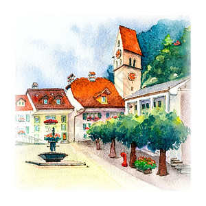 瑞士因特拉肯旧城广场和教堂图片